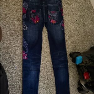 Women's Embroidered Jeans - Blue with Pink Accents